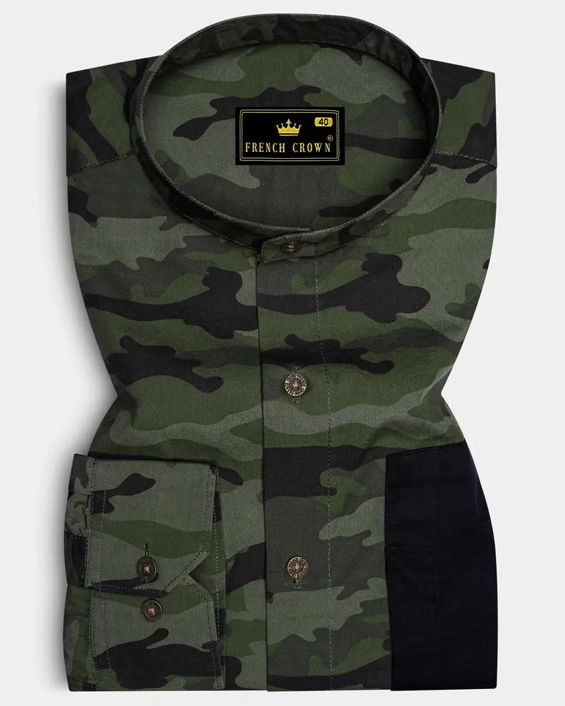 Finch Green With Zeus Brown Camouflage Printed Royal Oxford Designer Shirt 1