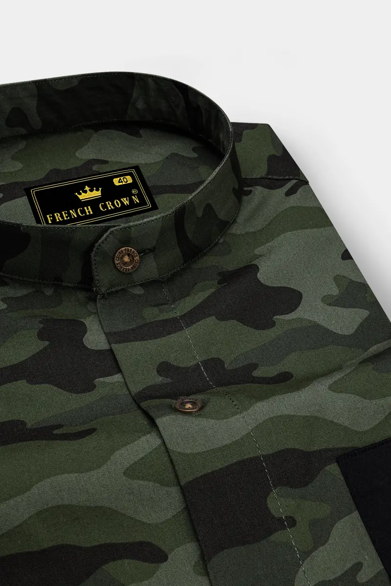 Finch Green With Zeus Brown Camouflage Printed Royal Oxford Designer Shirt 4