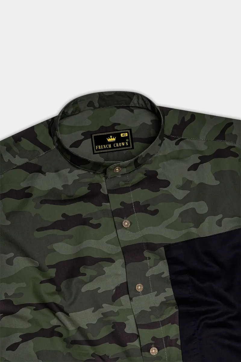 Finch Green With Zeus Brown Camouflage Printed Royal Oxford Designer Shirt 5