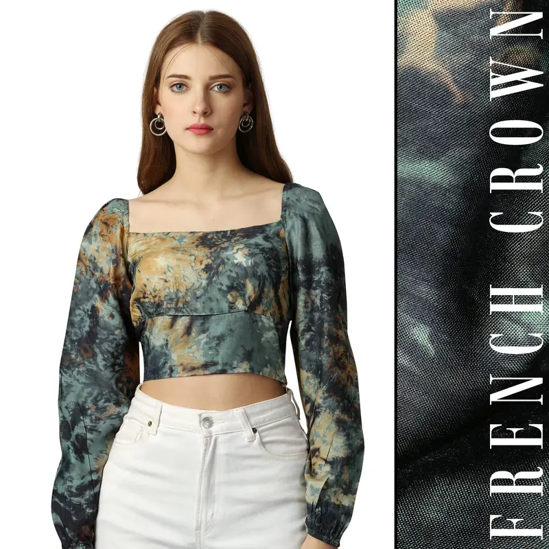 Finlandia Green With Multicolored Printed Viscose Crop Top 1