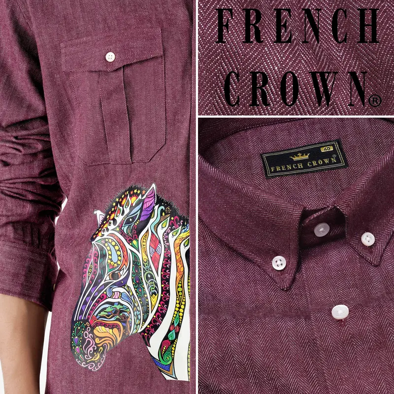Finn Brown Horse Printed Herringbone Button-Down Designer Shirt 1