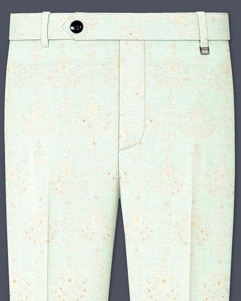 Finvera-Merino Cream With Finch Green Thread And Sequin Embroidered Designer Stretchable Waistband Pant 1