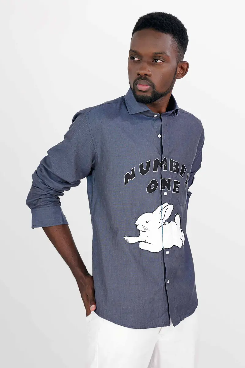 Fiord Blue And Black Funky Hand Painted Dobby Textured Premium Giza Cotton Designer Shirt 7