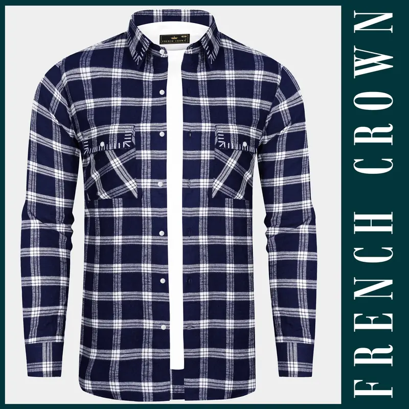 Fiord Blue And Bright White Plaid Flannel Premium Cotton Designer Overshirt/Shacket 1