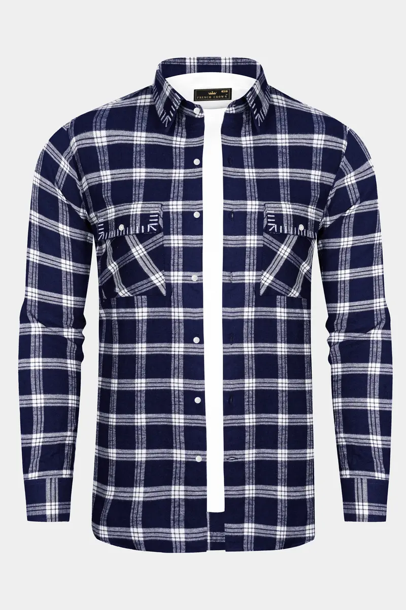 Fiord Blue And Bright White Plaid Flannel Premium Cotton Designer Overshirt/Shacket 2