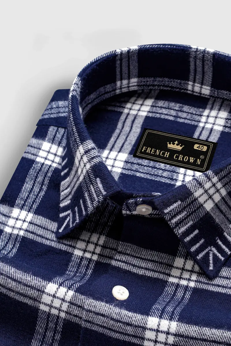 Fiord Blue And Bright White Plaid Flannel Premium Cotton Designer Overshirt/Shacket 4