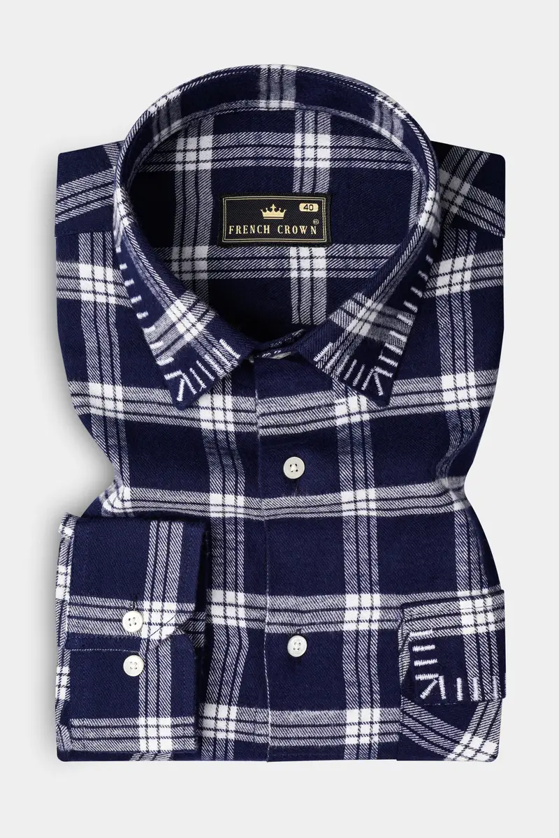Fiord Blue And Bright White Plaid Flannel Premium Cotton Designer Overshirt/Shacket 5
