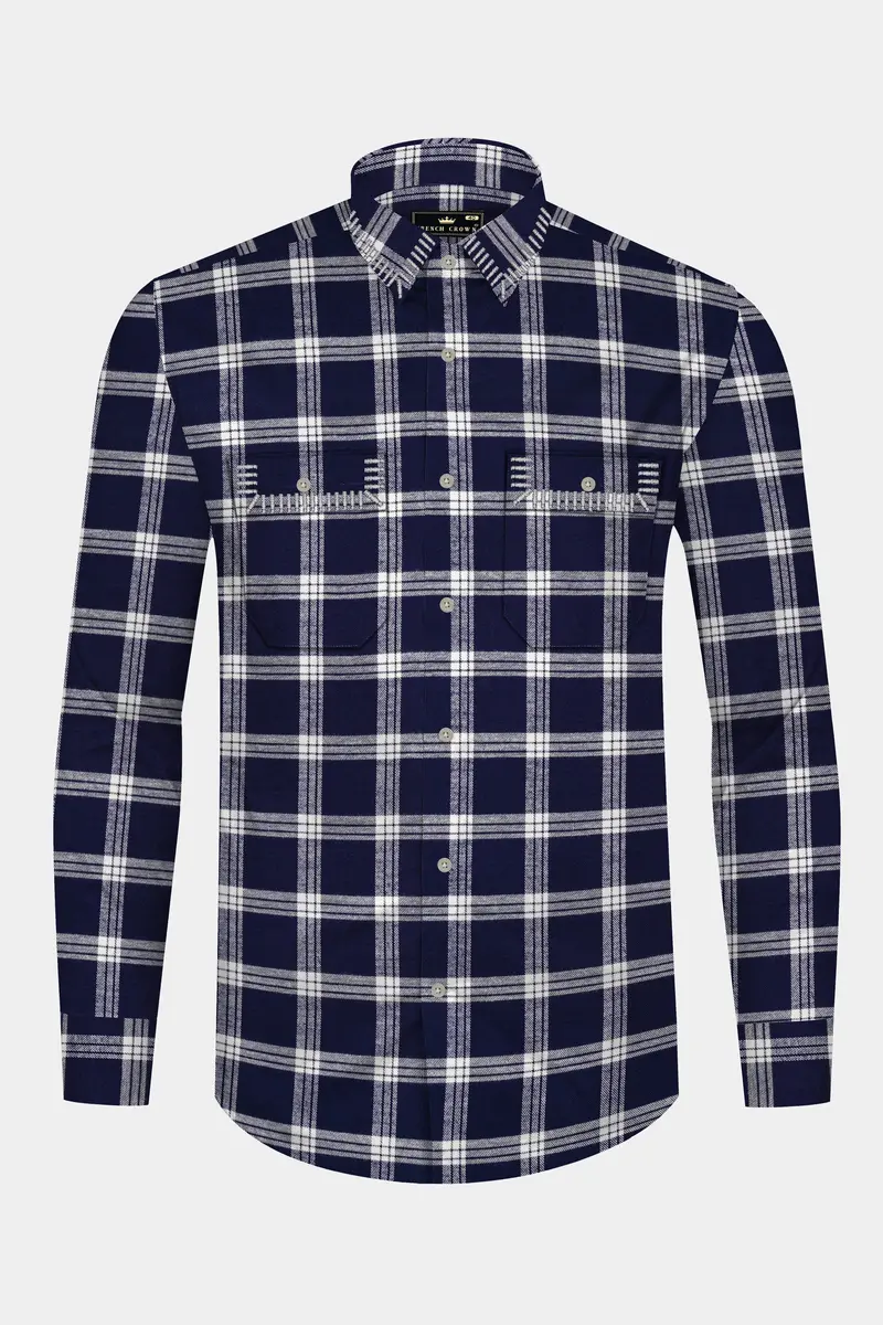 Fiord Blue And Bright White Plaid Flannel Premium Cotton Designer Overshirt/Shacket 6