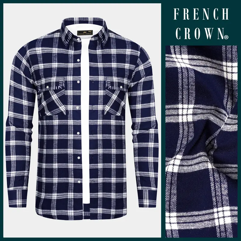 Fiord Blue And Bright White Plaid Flannel Premium Cotton Designer Overshirt/Shacket 9