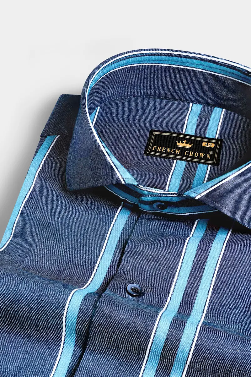 Fiord Blue And Cerulean Blue Striped Indigo Denim Shirt 1