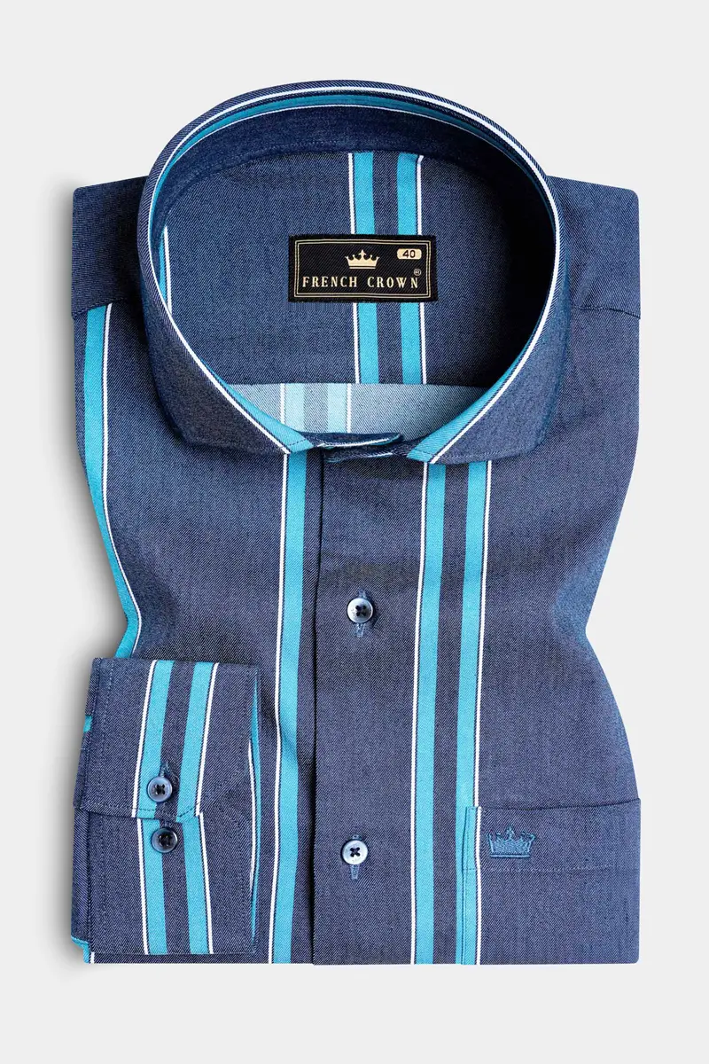 Fiord Blue And Cerulean Blue Striped Indigo Denim Shirt 3