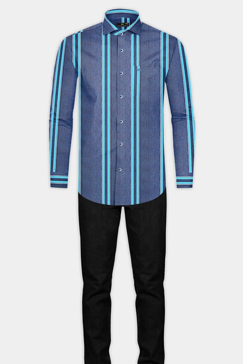 Fiord Blue And Cerulean Blue Striped Indigo Denim Shirt 6