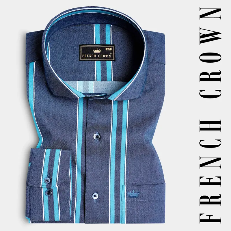 Fiord Blue And Cerulean Blue Striped Indigo Denim Shirt 7