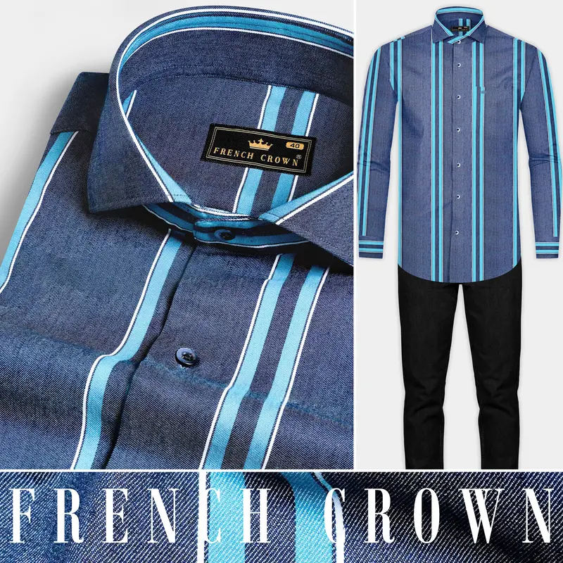 Fiord Blue And Cerulean Blue Striped Indigo Denim Shirt 8