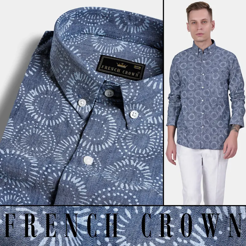Fiord Blue And White Batik Printed Denim Shirt 4