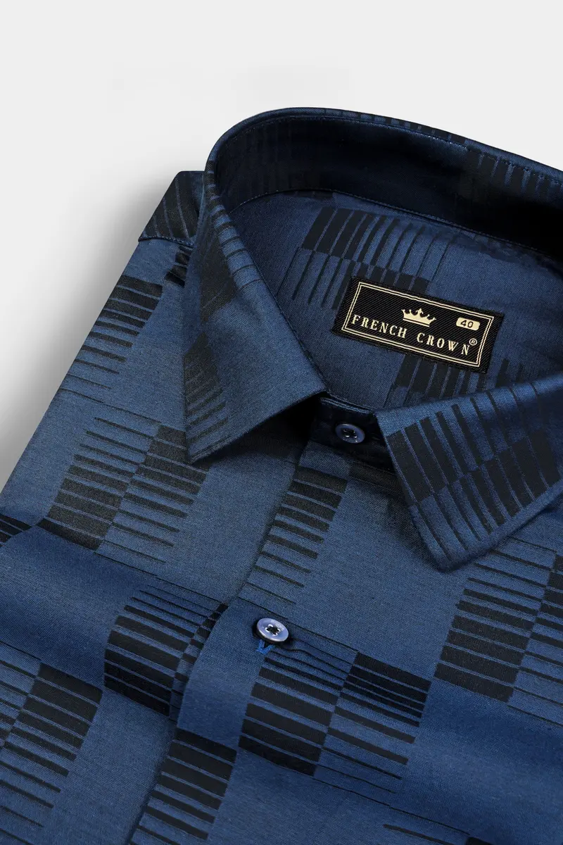 Fiord Blue Jacquard Textured Printed Premium Cotton Shirt 1