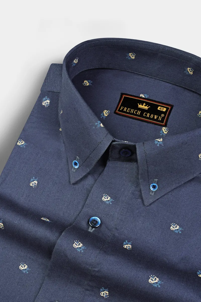 Fiord Blue Twill Printed Cotton Shirt 1