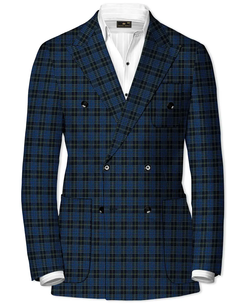 Fiord Blue With Black Russian Plaid Double Breasted Sports Blazer 1