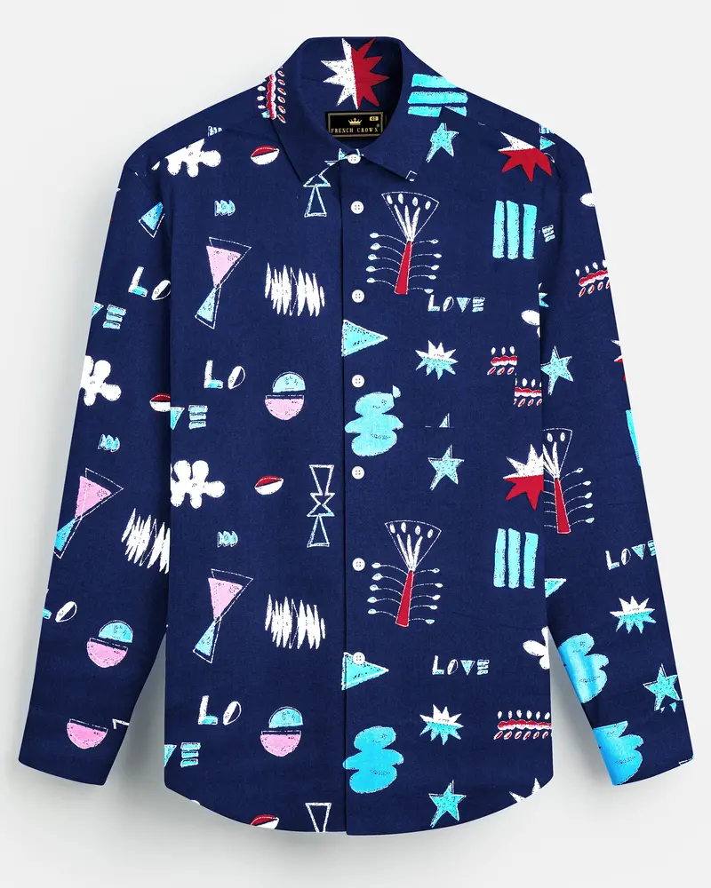 Fiord Blue With Multicolor Printed Premium Cotton Shirt 1