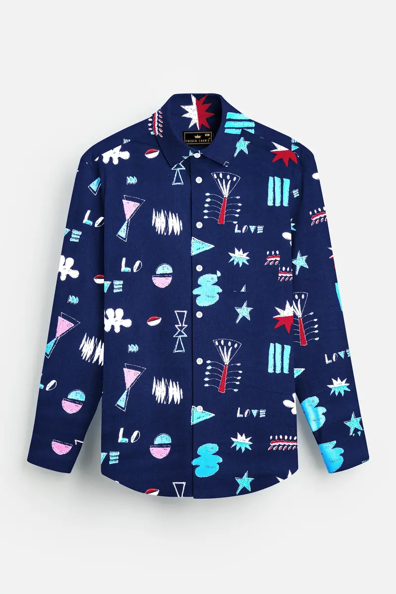 Fiord Blue With Multicolor Printed Premium Cotton Shirt 2