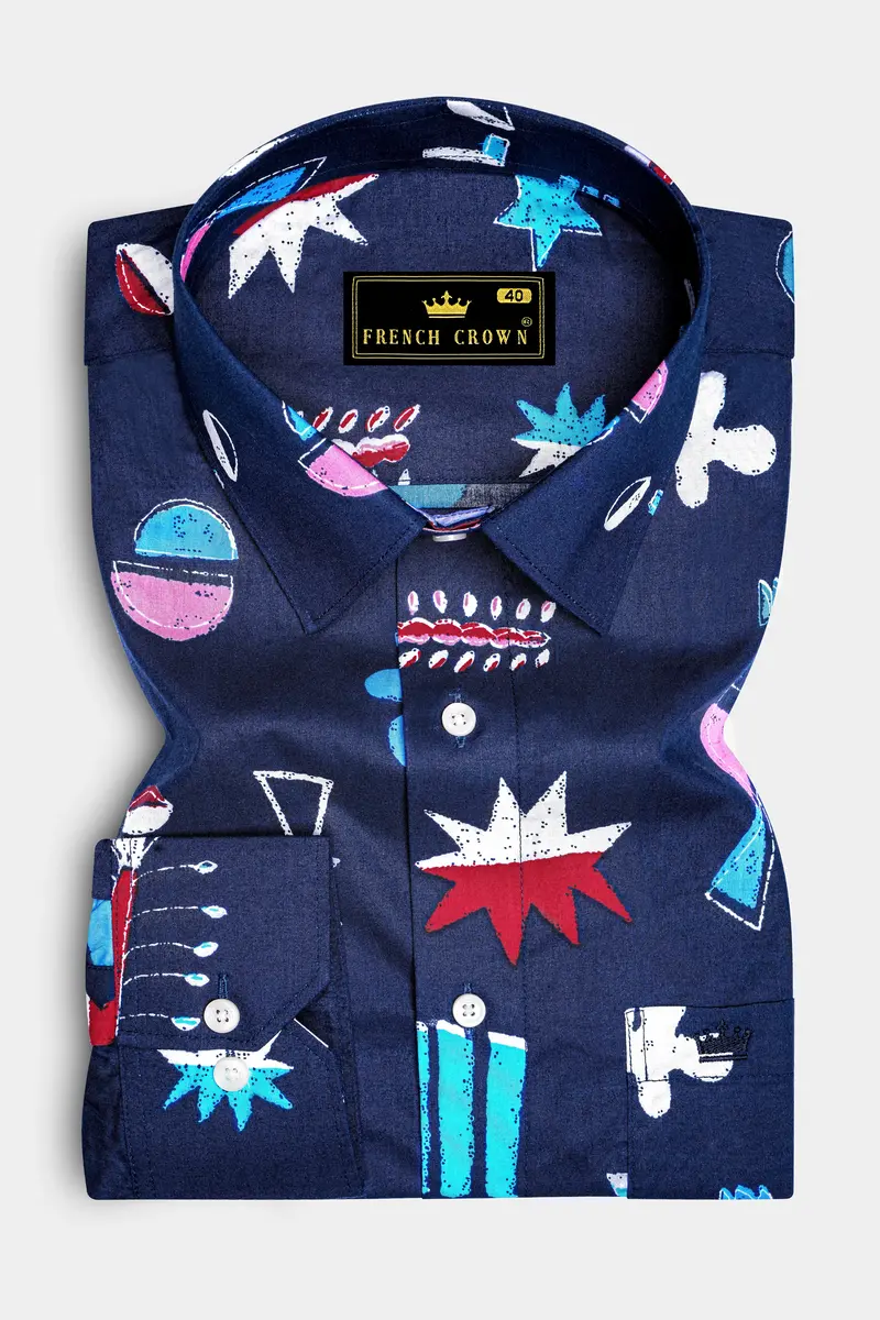 Fiord Blue With Multicolor Printed Premium Cotton Shirt 5