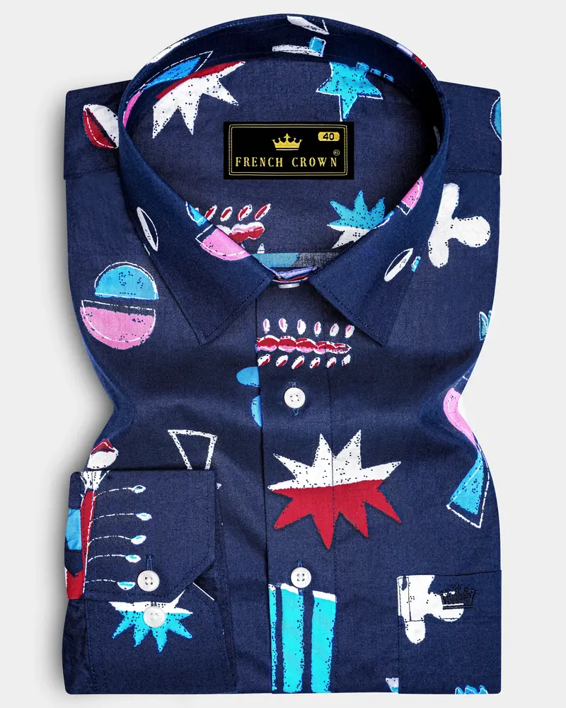 Fiord Blue With Multicolor Printed Premium Cotton Shirt 8