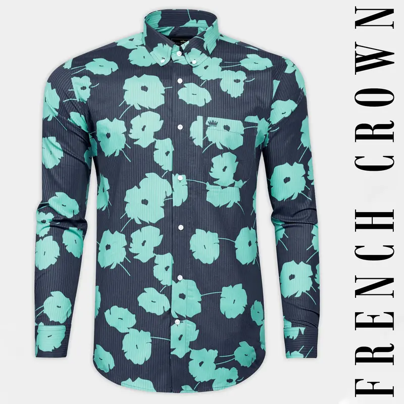 Fiord Blue With Tiffany Blue Flower Printed Chambray Denim Shirt 1