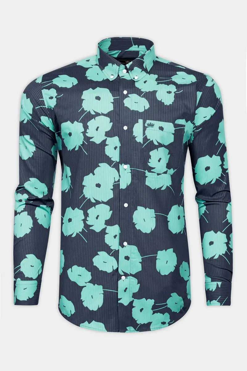 Fiord Blue With Tiffany Blue Flower Printed Chambray Denim Shirt 2