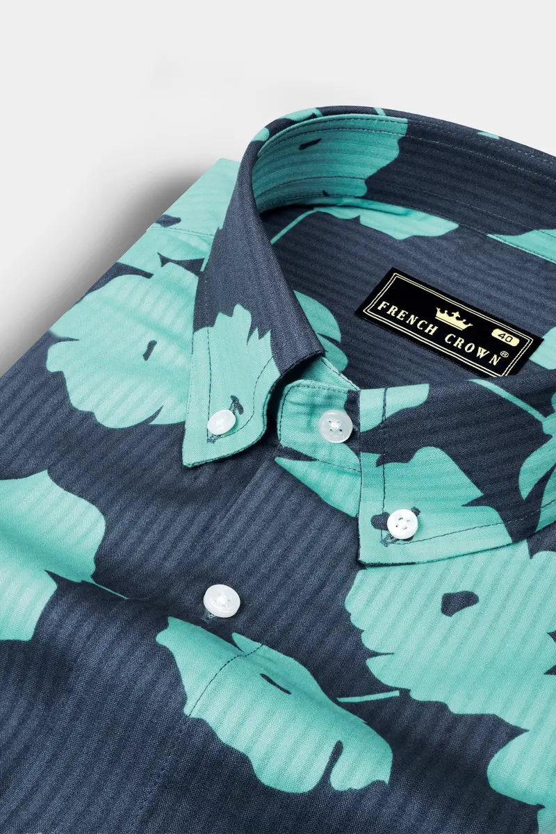 Fiord Blue With Tiffany Blue Flower Printed Chambray Denim Shirt 4