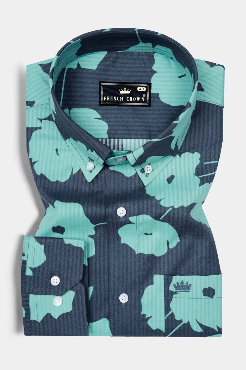 Fiord Blue With Tiffany Blue Flower Printed Chambray Denim Shirt 5