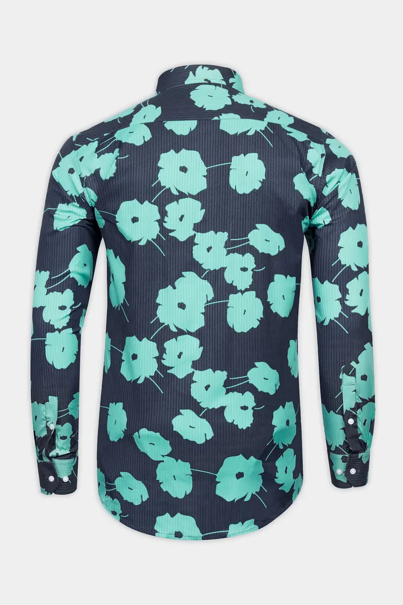 Fiord Blue With Tiffany Blue Flower Printed Chambray Denim Shirt 6