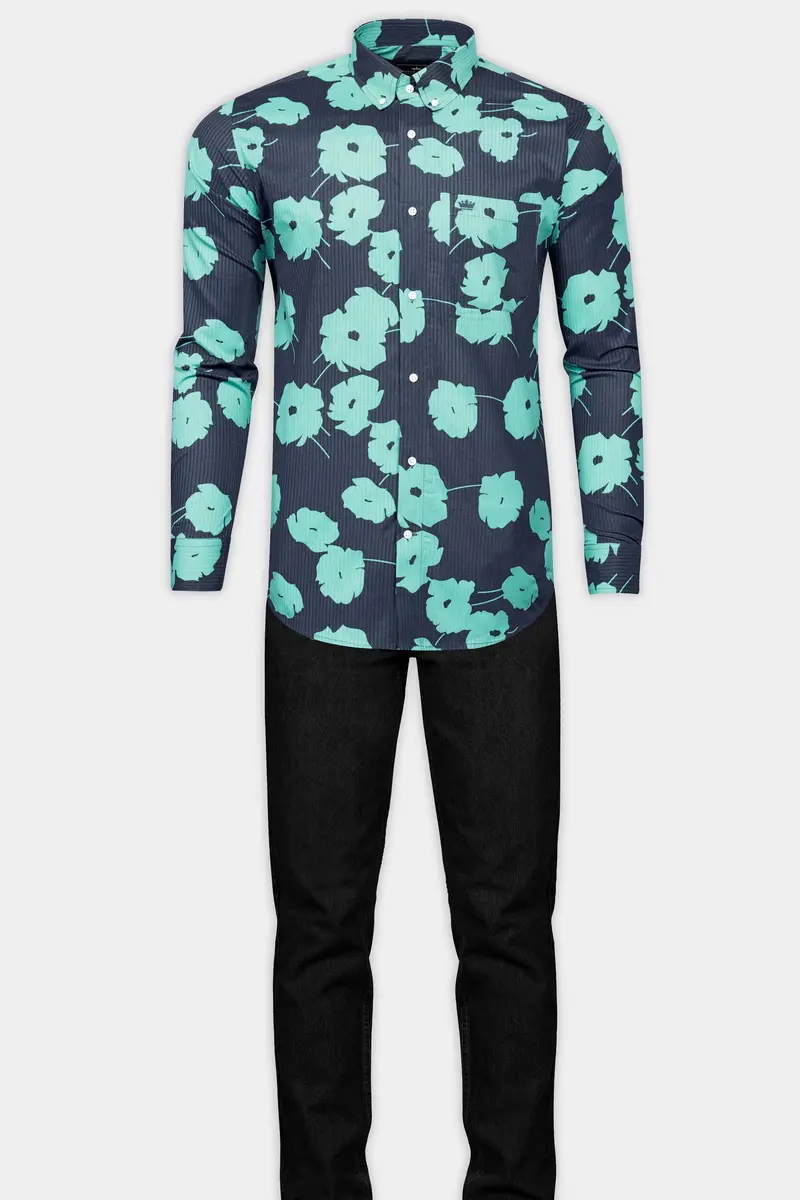 Fiord Blue With Tiffany Blue Flower Printed Chambray Denim Shirt 7