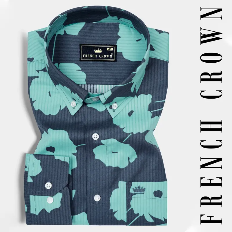 Fiord Blue With Tiffany Blue Flower Printed Chambray Denim Shirt 8