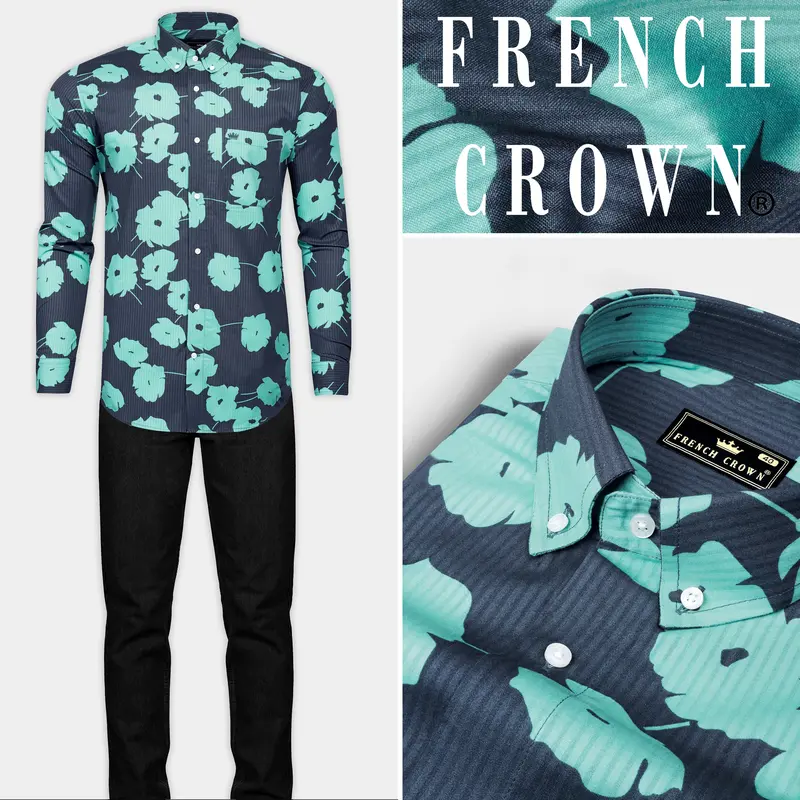 Fiord Blue With Tiffany Blue Flower Printed Chambray Denim Shirt 9