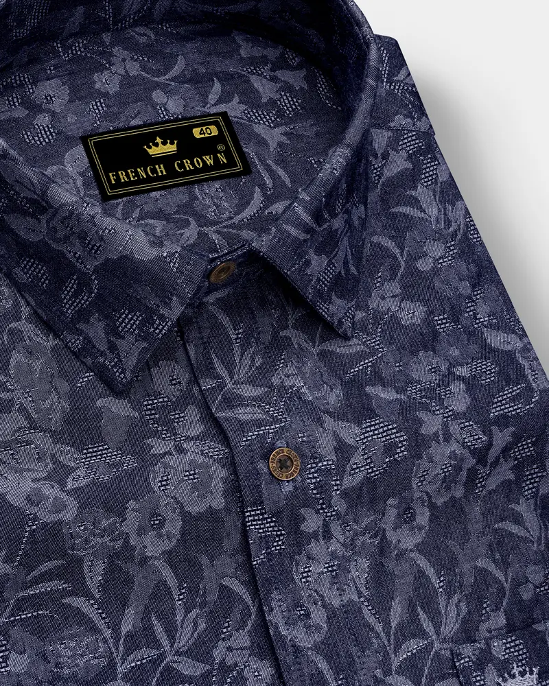 Fiorenza-Martinique Denim Blue Floral Jacquard Printed Super Soft Premium Cotton Casual Shirt 1
