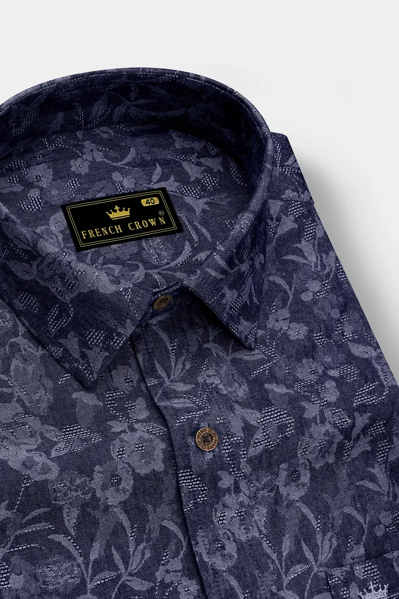 Fiorenza-Martinique Denim Blue Floral Jacquard Printed Super Soft Premium Cotton Casual Shirt 2
