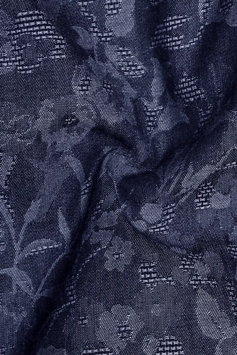Fiorenza-Martinique Denim Blue Floral Jacquard Printed Super Soft Premium Cotton Casual Shirt 3