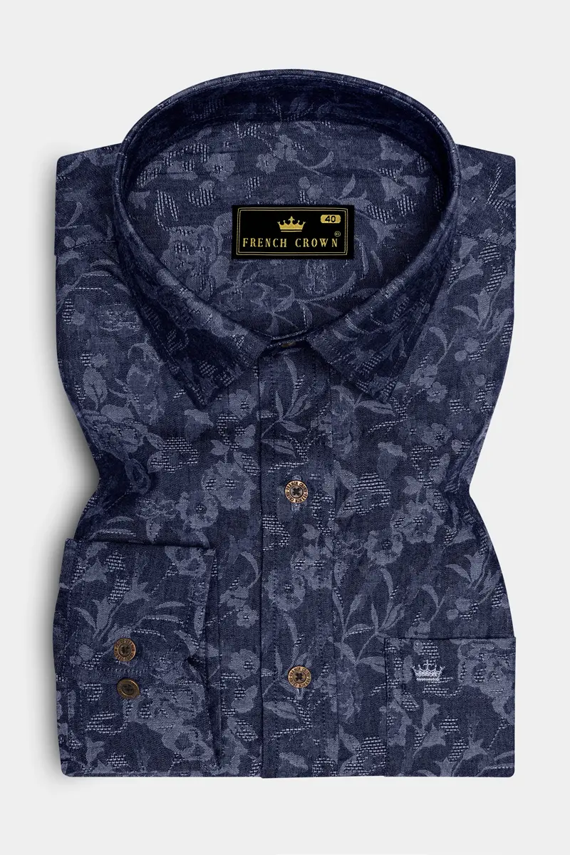 Fiorenza-Martinique Denim Blue Floral Jacquard Printed Super Soft Premium Cotton Casual Shirt 4