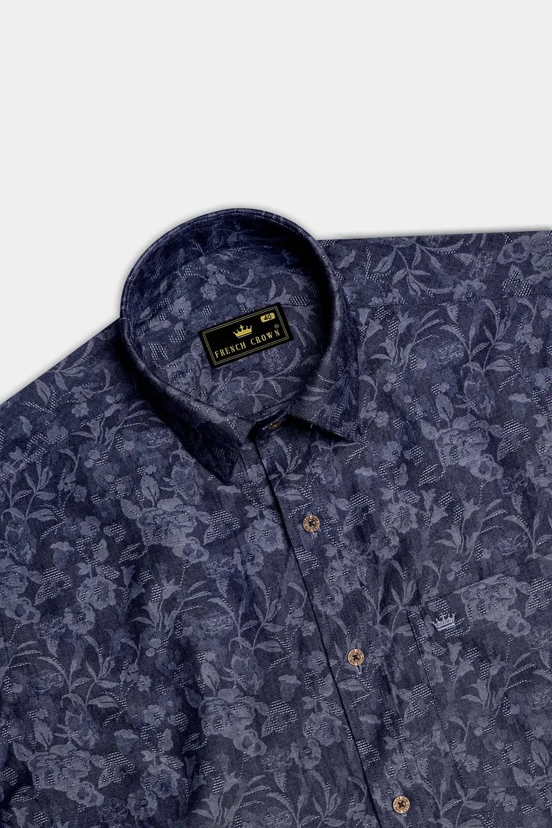 Fiorenza-Martinique Denim Blue Floral Jacquard Printed Super Soft Premium Cotton Casual Shirt 5
