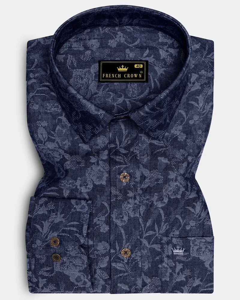 Fiorenza-Martinique Denim Blue Floral Jacquard Printed Super Soft Premium Cotton Casual Shirt 6