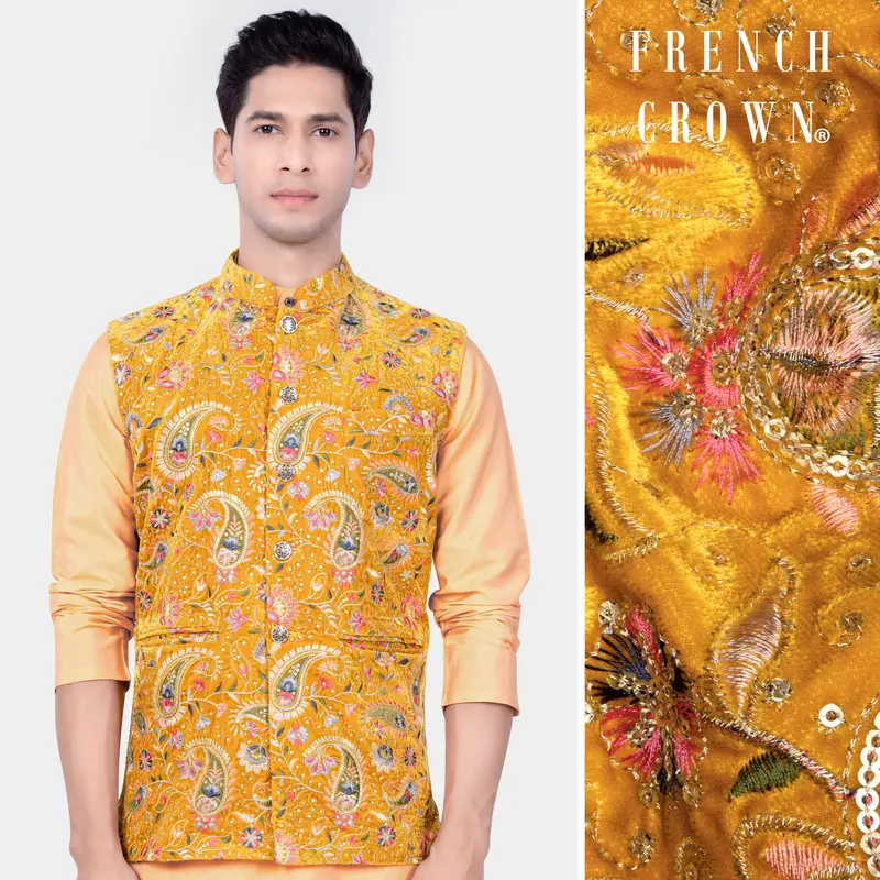 Firebush Yellow Velvet Floral Thread Embroidered Nehru Jacket 1