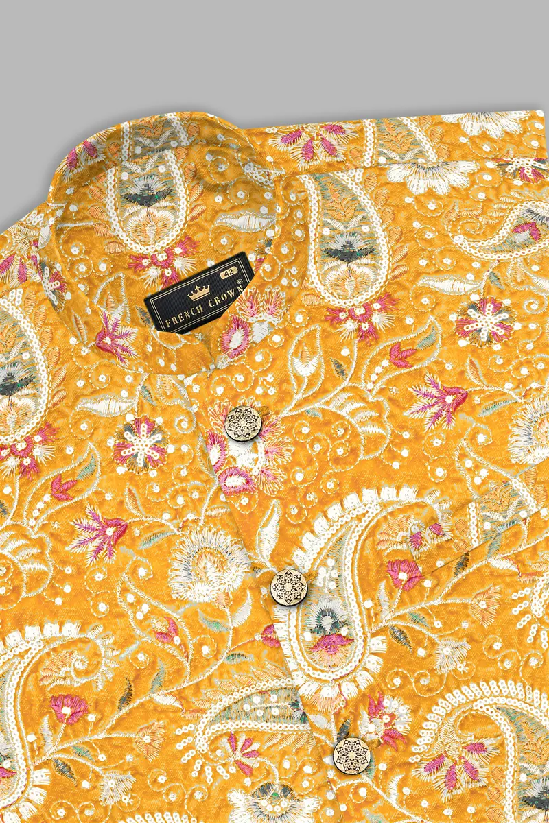 Firebush Yellow Velvet Floral Thread Embroidered Nehru Jacket 10