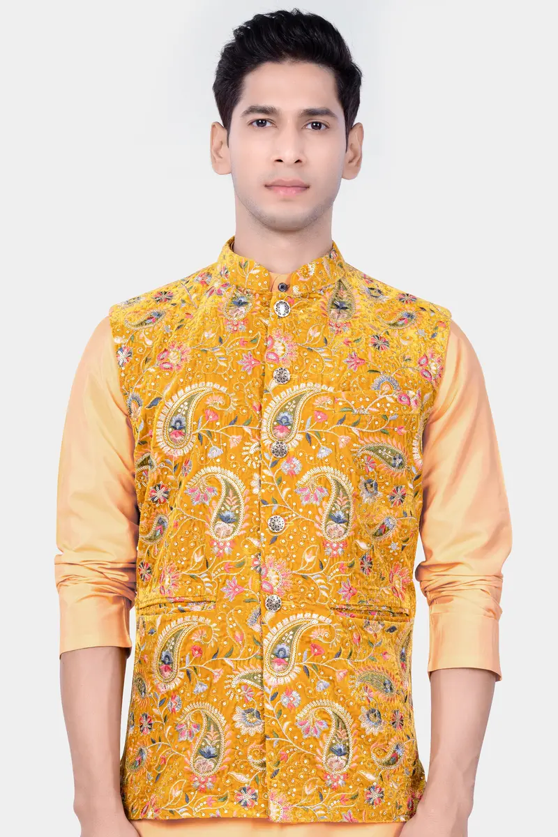 Firebush Yellow Velvet Floral Thread Embroidered Nehru Jacket 2