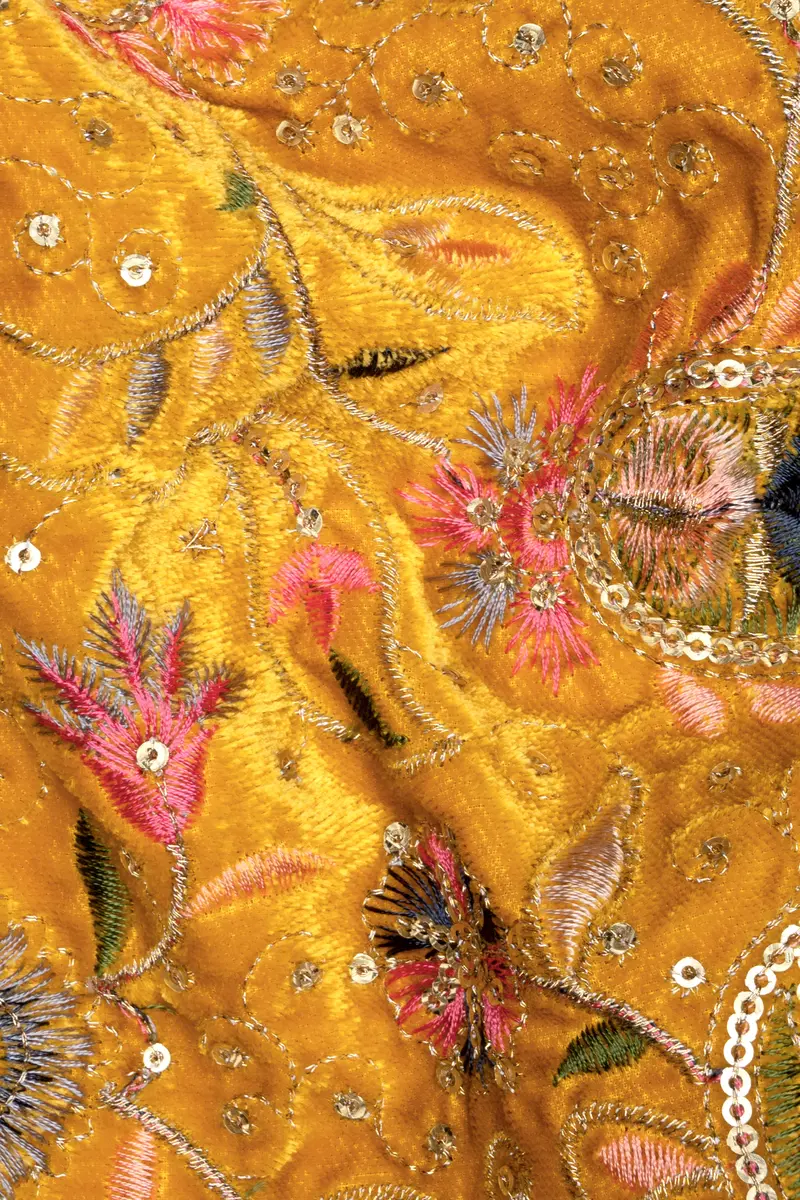 Firebush Yellow Velvet Floral Thread Embroidered Nehru Jacket 3