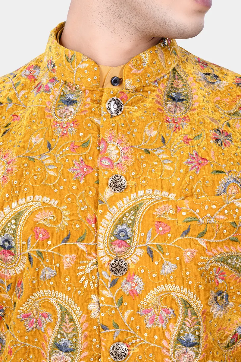 Firebush Yellow Velvet Floral Thread Embroidered Nehru Jacket 4