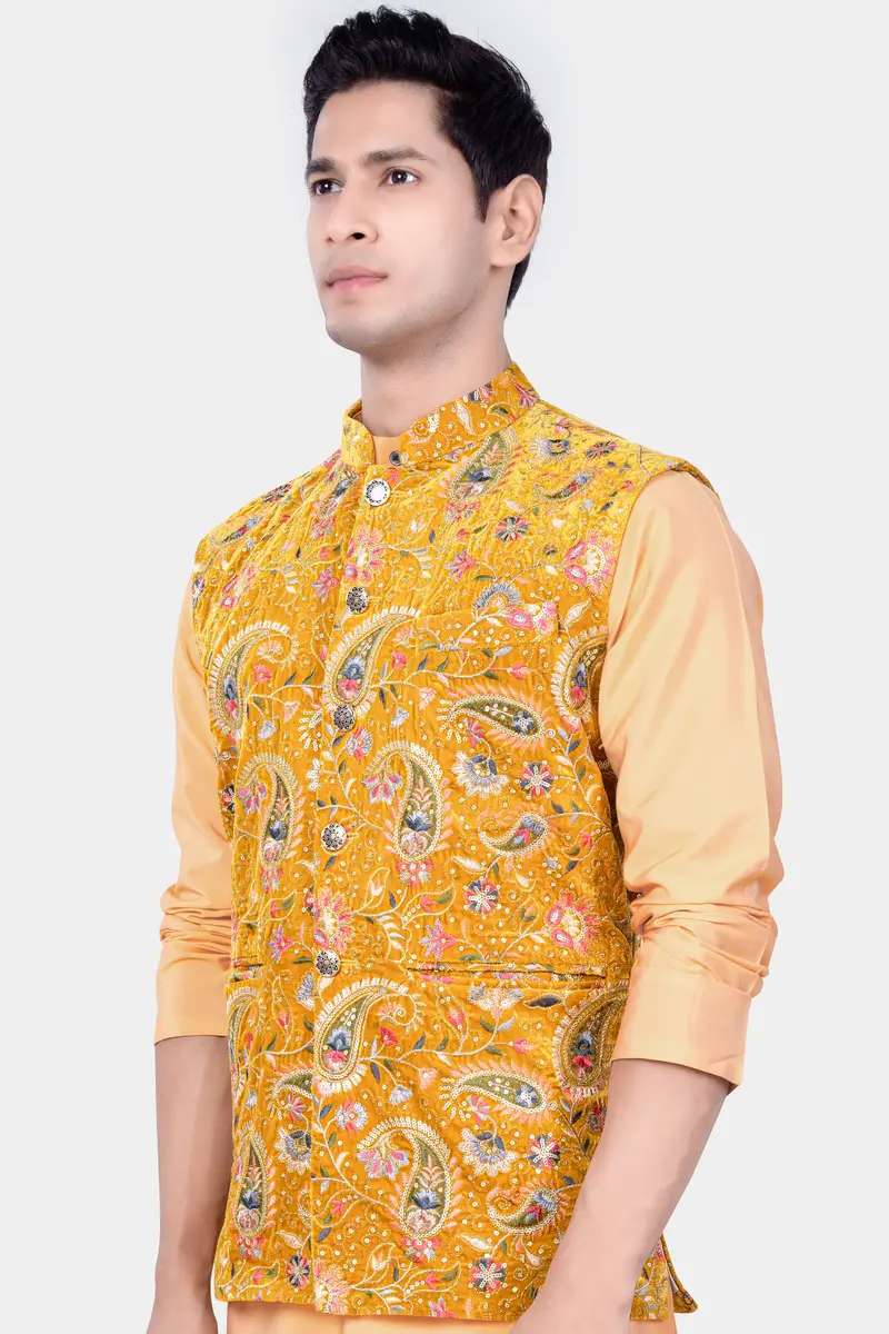 Firebush Yellow Velvet Floral Thread Embroidered Nehru Jacket 5