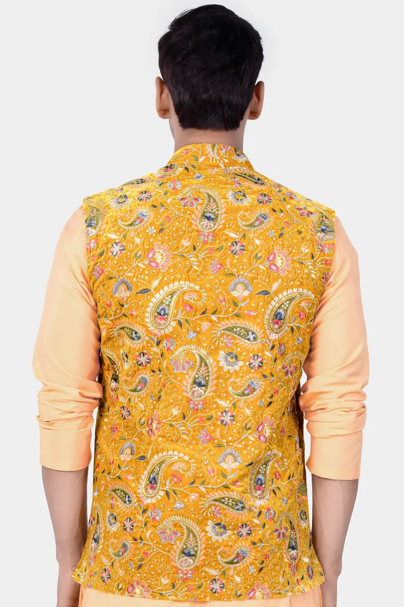 Firebush Yellow Velvet Floral Thread Embroidered Nehru Jacket 6