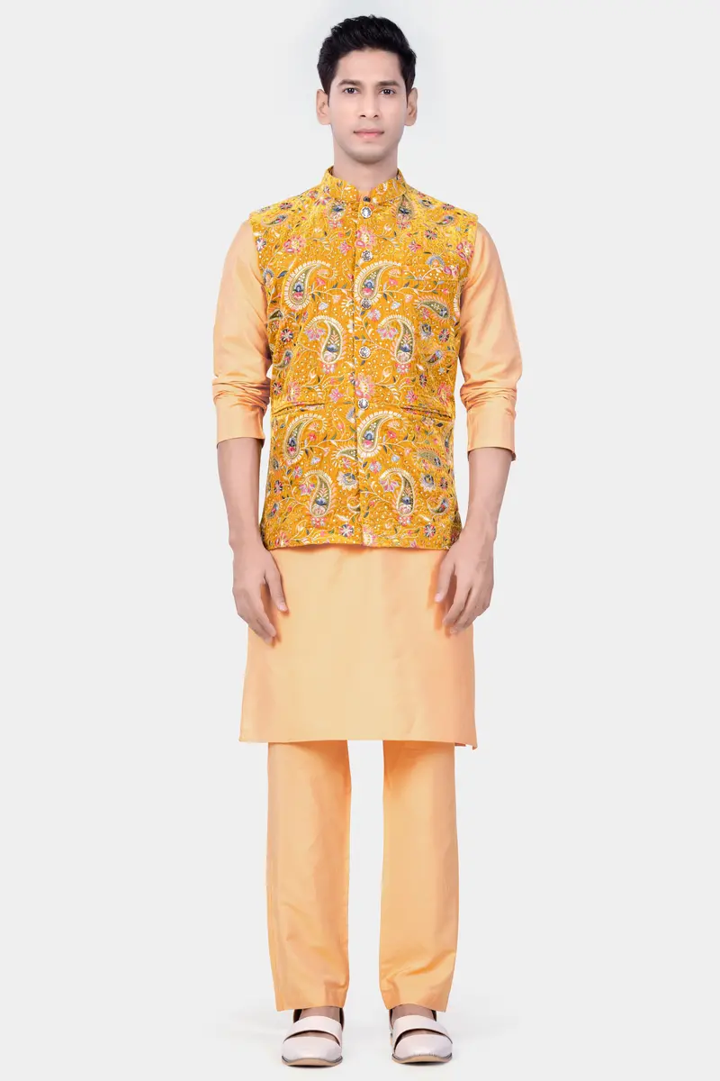 Firebush Yellow Velvet Floral Thread Embroidered Nehru Jacket 7