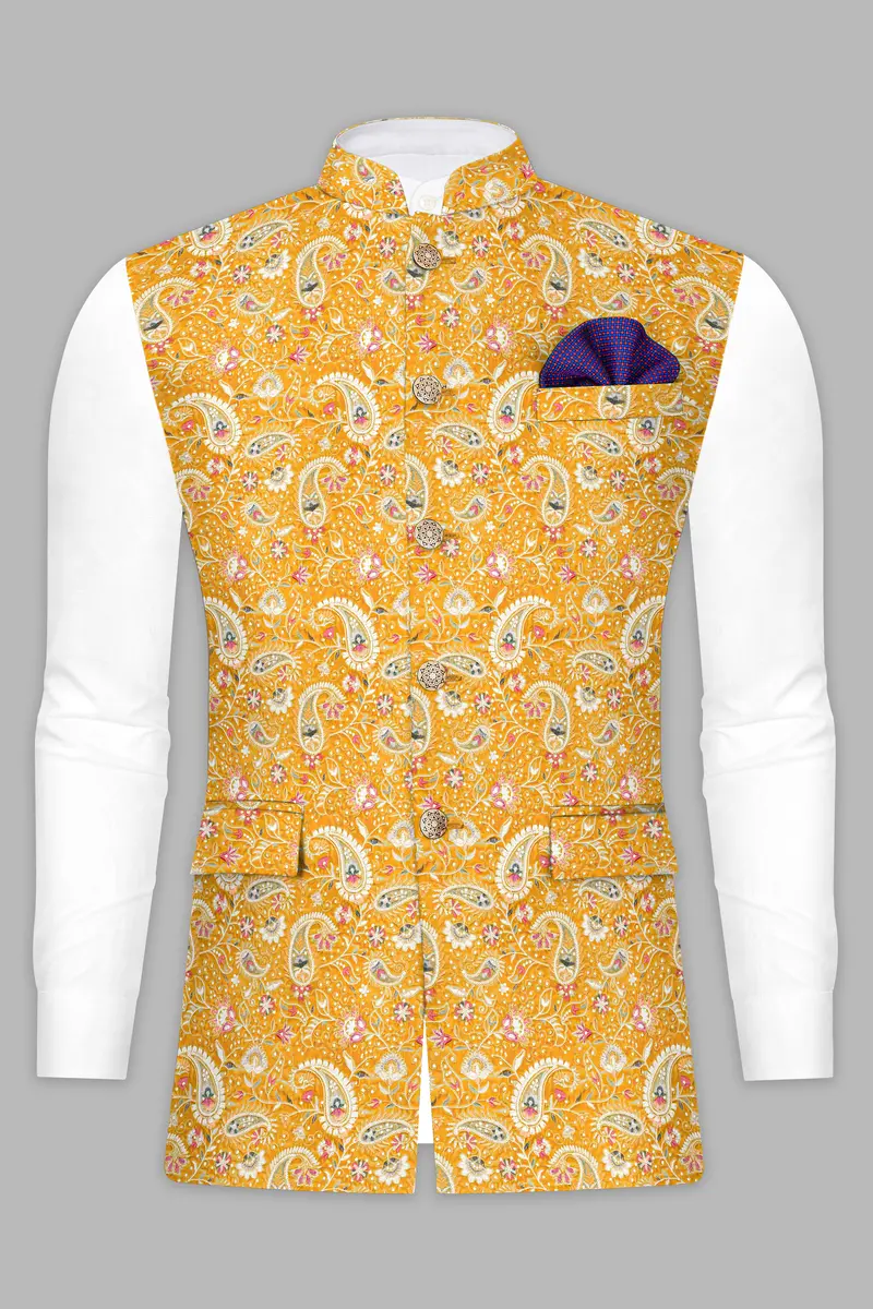 Firebush Yellow Velvet Floral Thread Embroidered Nehru Jacket 8