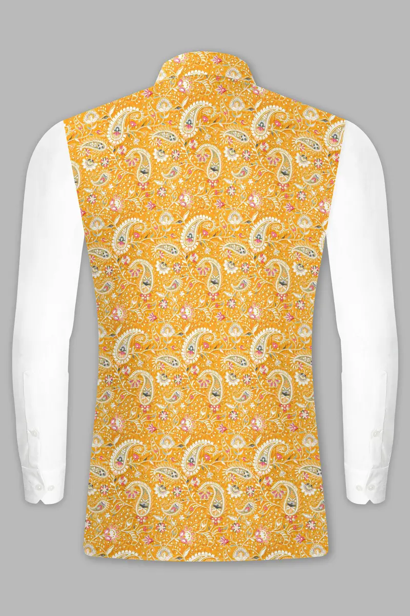 Firebush Yellow Velvet Floral Thread Embroidered Nehru Jacket 9